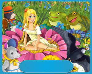 cartoon scene with young beautiful elf girl on the meadow with flying with different animal friends - cuckoo bird mouse mole and frogs with frame for text - illustration for children