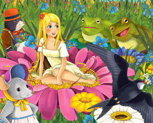 cartoon scene with young beautiful elf girl on the meadow with flying with different animal friends - cuckoo bird mouse mole and frogs - illustration for children