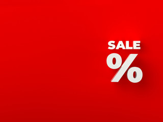 3d white SALE word and percentage sign on red background with shadow. 3D rendering.