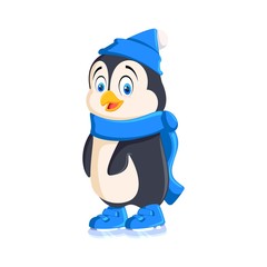 Penguin cartoon bird on skates Illustration on white background