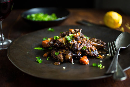 Close up of oxtail stew served on plate