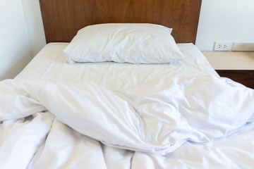 Fototapeta na wymiar messy bedding sheets and pillow