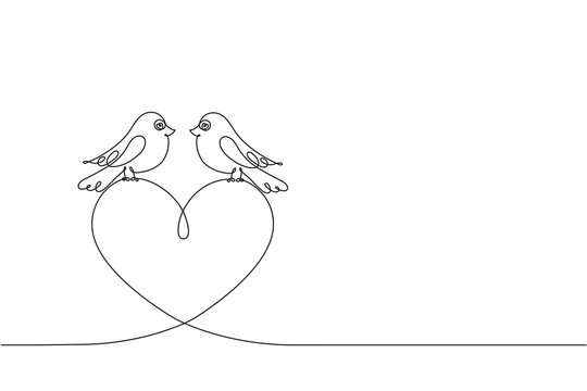 Couple of love birds and a heart. Continuous line drawing.