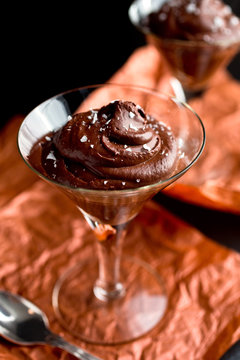 Close up of bittersweet chocolate mousse serve in glass