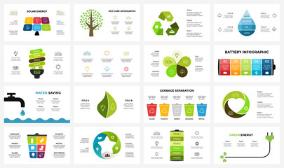 Vector infographic templates set. Ecology nature environment. Circle diagram. Presentation slide template. Eco care concept with 3, 4, 5, 6, 7, 8 options, parts, steps, processes.