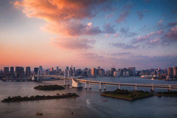 Naklejka premium Tokio linia horyzontu z Tokio wierza i tęcza mostem przy zmierzchem w Japonia