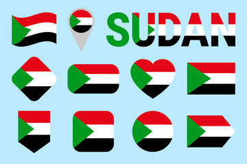Sudan flag vector set. Different geometric shapes. Flat style. Sudanese flags collection. Can use for sports, national, travel, geographic design elements. isolated icons with state name.