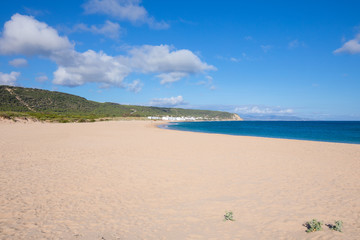 landscape of large Varadero Beach or Marisucia, and Canos Meca village (Barbate, Cadiz, Andalusia, Spain)