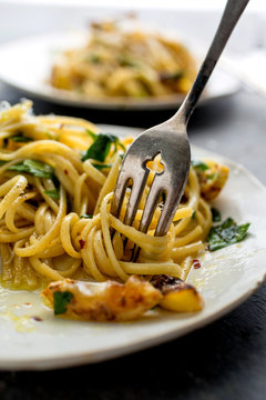 Close up of lemon pasta served on plate