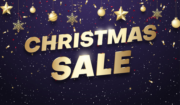Christmas sale promotion poster with golden Christmas balls and confetti.