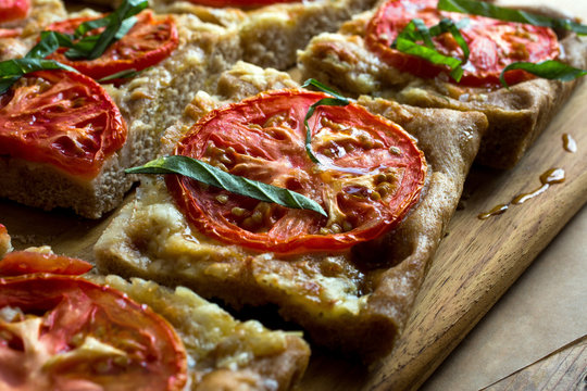 Close up of tomato Focaccia slices