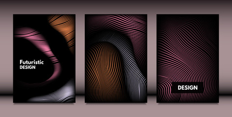 Abstract Wavy Shapes with 3d Effect. Cover Design Templates Set with Vibrant Gradient and Wavy Stripes in Minimal Style. Vector Abstraction with Distorted Lines. Wavy Shapes for Cover, Brochure, Book