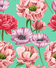 Floral seamless pattern with popies, peonies and roses