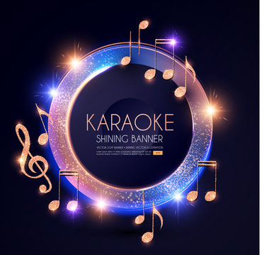 Music Event Shining Banner with Golden Notes and Lights. Festival Design Template.