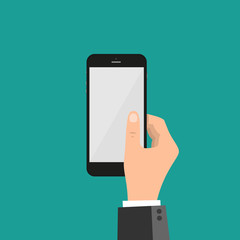 Hands folding smart phone and touching screen - vector template