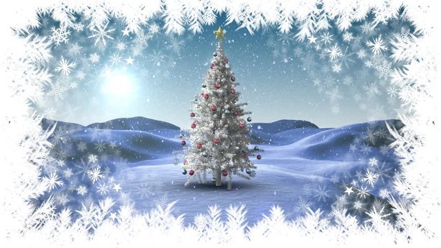 Christmas snowflake border with tree in Winter landscape