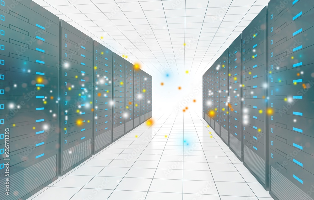 Poster corridor in working data center full of rack servers and