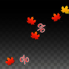 Vector Percentage Sign and Autumn Leaves Confetti on Transparent Background. Percent Sale Background. Business, Economics, Finance Print. Discount Illustration. Promotion poster. Black Friday Banner. 