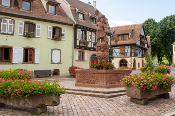 Kientzheim France, October 15 2018.  French traditional half-timbered houses  in Kientzheim village in Alsace, France