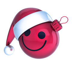 Fototapeta premium Emoticon Christmas ball smiling face red. New Year's Eve Day bauble Santa Claus hat cartoon decoration cute. Cheerful funny person laughing character adornment. 3d illustration