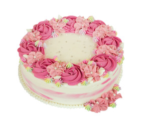 Pink rose flowers cream birthday cake isolated on white background, clipping path included