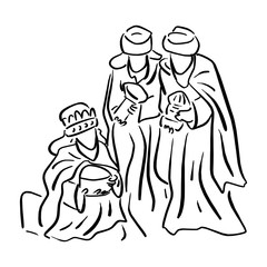 Fototapeta na wymiar Three wise men bringing gifts to Jesus vector illustration sketch doodle hand drawn with black lines isolated on white background