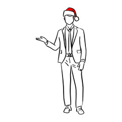 businessman with red santa hat presenting blank space vector illustration sketch doodle hand drawn with black lines isolated on white background