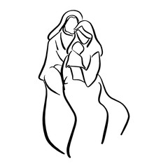 Nativity Scene of baby Jesus in manger with Mary and Joseph vector illustration sketch doodle hand drawn with black lines isolated on white background. © a3701027