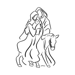 Nativity Scene of baby Jesus in  Mary arm and Joseph with donkey vector illustration sketch doodle hand drawn with black lines isolated on white background.