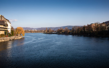 Fototapeta na wymiar City view on the river bank of Laufenburg / Baden