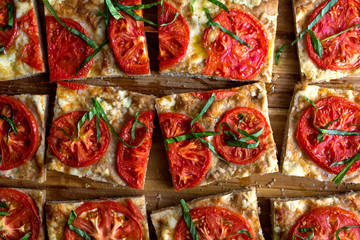 Close up of tomato focaccia slices
