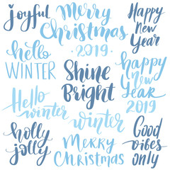 Set Merry Christmas and Happy New Year 2019 Vector hand drawn lettering phrases.