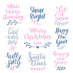 Set Merry Christmas and Happy New Year 2019 Vector hand drawn lettering phrases