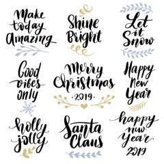Set Merry Christmas and Happy New Year 2019 Vector hand drawn lettering phrases.