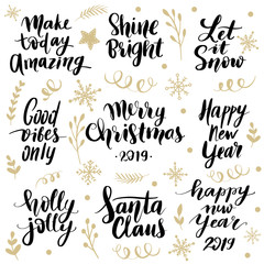 Set Merry Christmas and Happy New Year 2019 Vector hand drawn lettering phrases