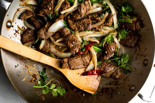 Overhead view of cumin lamb stir fry
