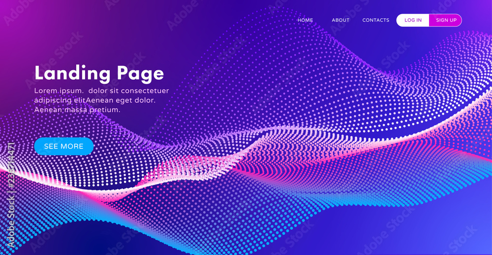 Poster trendy abstract landing page template for websites, or apps with dynamic flowing particles, equalize