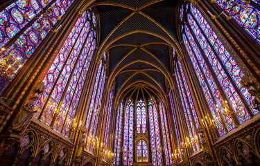 PARIS, FRANCE, SEPTEMBER 6, 2018 - Stained glass windows inside the Sainte Chapelle in Paris, France