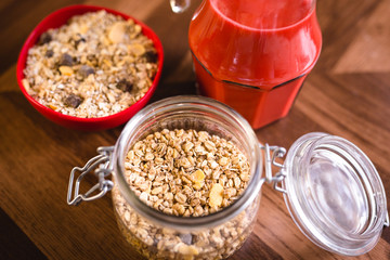 Healthy breakfast. Slices of banana, with oats and cereals.