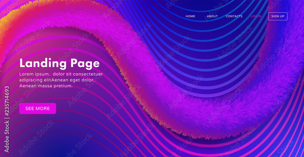 Poster trendy abstract landing page template for websites, or apps with dynamic colorful fluffy tinsel. vec