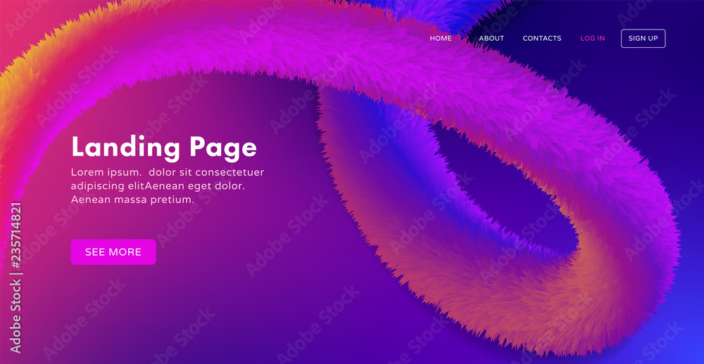 Poster trendy abstract landing page template for websites, or apps with dynamic colorful fluffy tinsel. vec