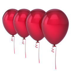 helium balloons red 4 four blank row arranged. anniversary, birthday party decoration. holiday, celebration symbol. 3d rendering