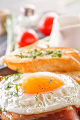 Fried egg with bacon with fried pieces of bread, greens and tomatoes. Close-up.