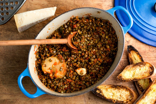 Lentil with bread on the table
