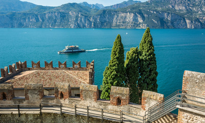 The medieval Scaliger Castle in Malcesine on Garda lake, Verona, Italy.The old Scaliger Castle is...