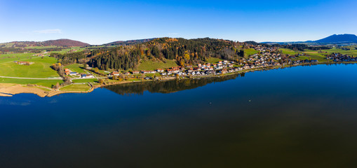 Obraz premium Aerial view Hopfensee, Ostallgäu, Bavaria, Germany,