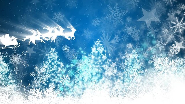 Christmas snowflakes and Santa in sleigh with reindeer