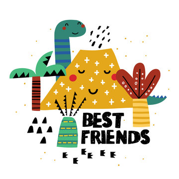 Cute Sleeping Volcano With Cute Friend Dino. Illustration Vector For Print T-shirt Design.