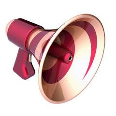 announcement news blog megaphone, communication loudspeaker, bullhorn red golden glossy stylish. message icon concept. 3d illustration