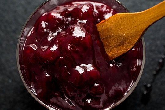Close up of lingonberry jam served in bowl